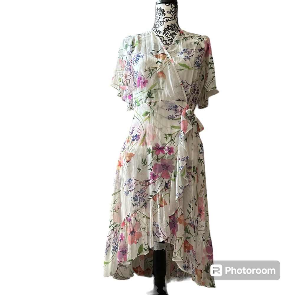 Calvin Klein Floral High-Low Faux Wrap Dress - Picture 4 of 12